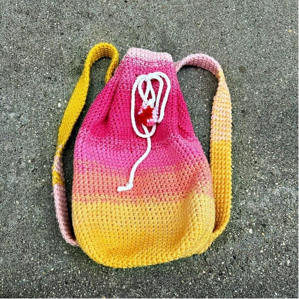 Handmade Crochet Backpack Women's Pink Yellow‎ Drawstring Hippie Sapphic Groovy